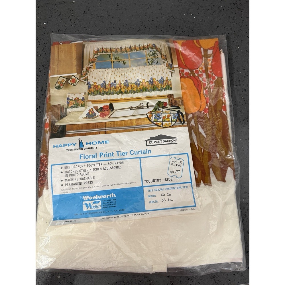 Vtg Happy Home Orange Floral‎ Tier Curtain Country Side 60"x 36" NEW Woolworth